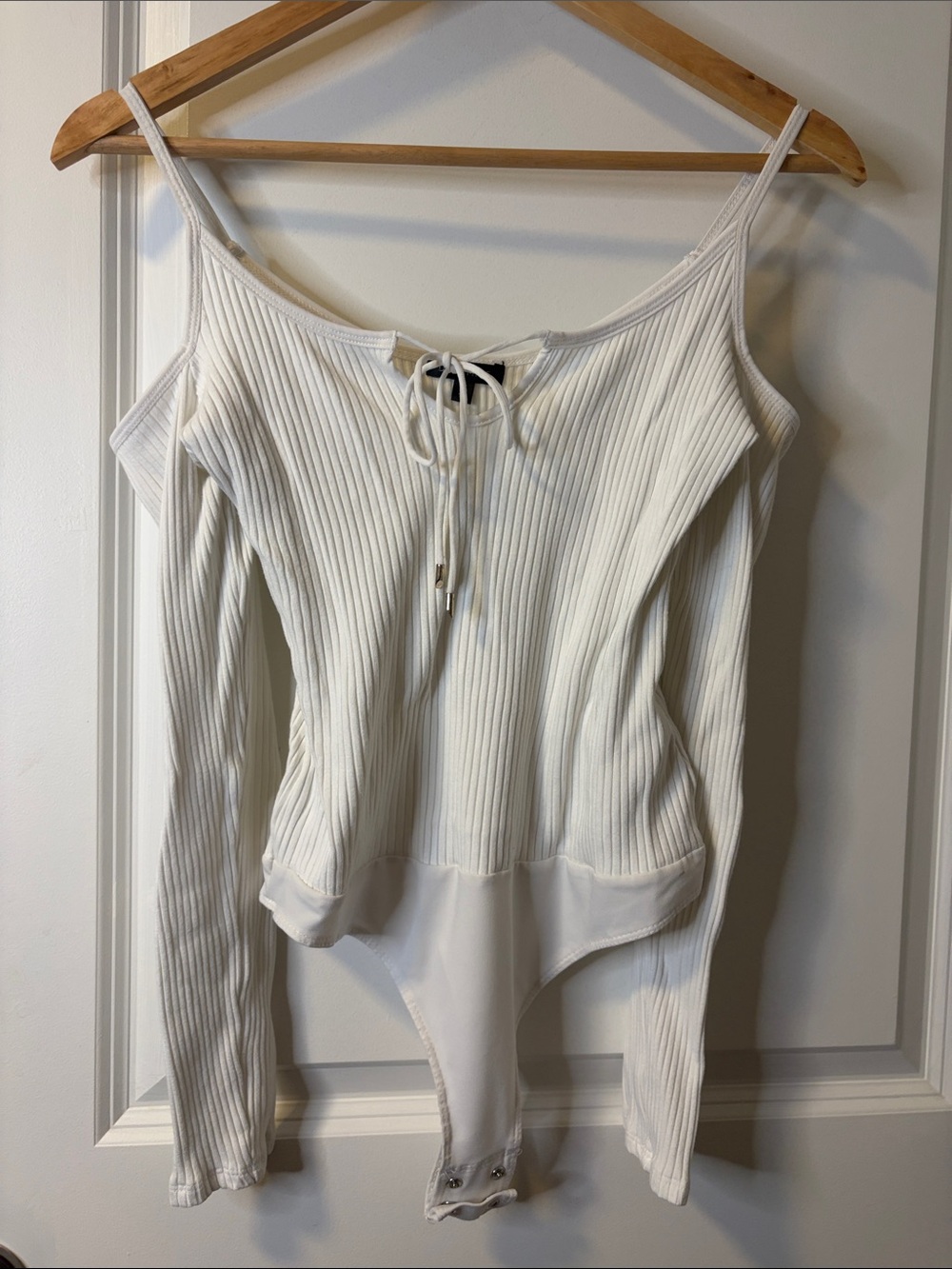 Dynamite White Ribbed Cold-Shoulder Lace-Up Bodysuit with Spaghetti Straps